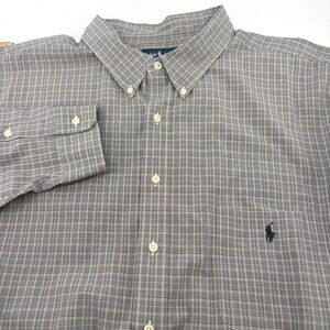 Ralph Lauren Mens 4X Big Plaid Button Down Shirt Blue Tan 100% Two-Ply Cotton